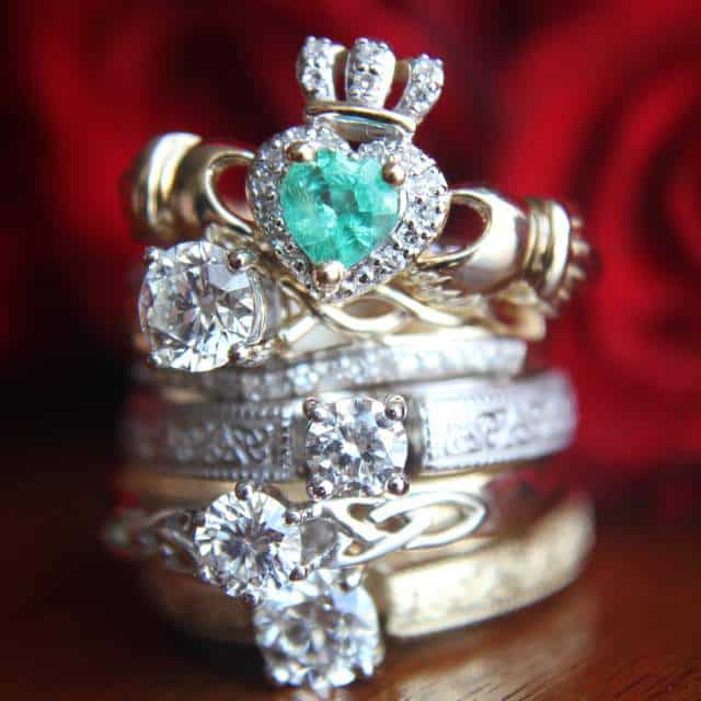 A stack of five Celtic engagement rings
