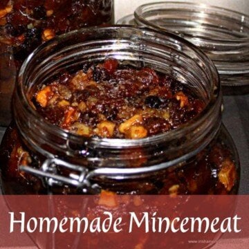 Dried fruit mincemeat in a mason jar with a text banner
