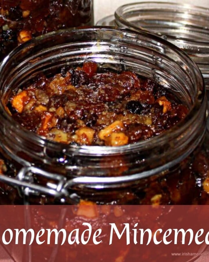 Dried fruit mincemeat in a mason jar with a text banner