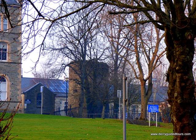 A large brick building with grass and trees