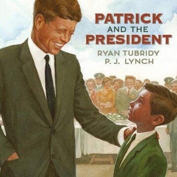 A man pats a boy on the shoulder with text overlay