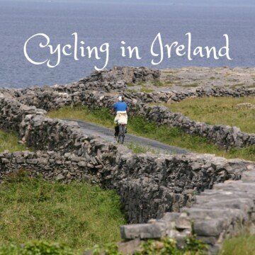 Cycling between stone walls with text overlay
