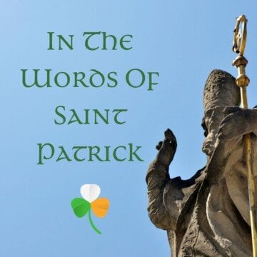 Statue of a bishop with text overlay and a shamrock