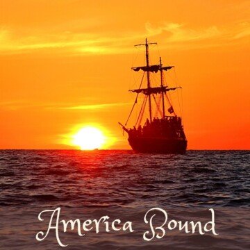 A vintage ship sails toward the setting sun with text overlay