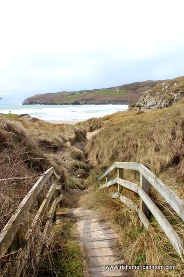 Board walk down to Barley Cove Beach | Irish American Mom Steps and wooden path leading to the ocean