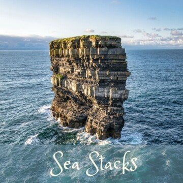 Sea stack in the ocean with text overlay