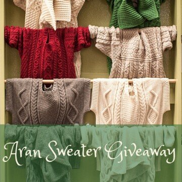 Irish sweaters on display with text overlay