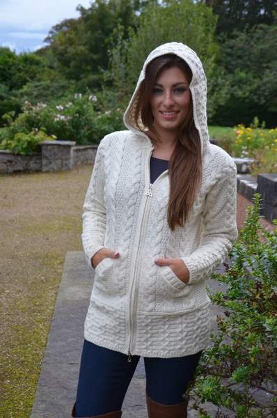 Aran hoodie cardigan from Standun Spiddal | Irish American Mom A person standing posing for the camera wearing a zipped cardigan