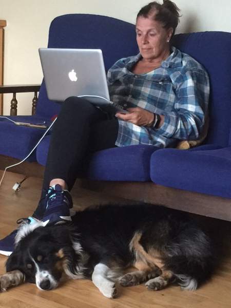 Anne and Shep | Irish American Mom A woman sitting on a sofa with a laptop on her knee and a dog on the floor at her feet
