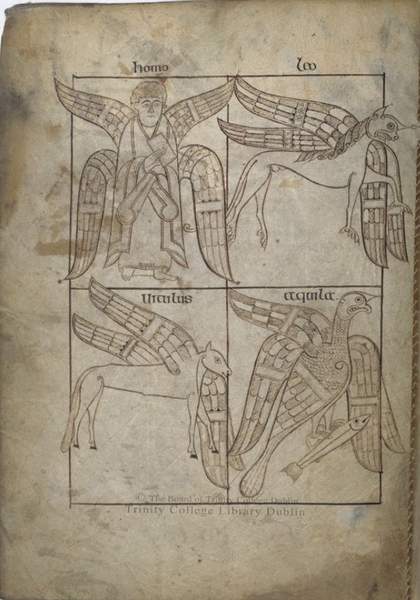 A man, a lion, a calf and an eagle, representing the Matthew, Mark, Luke and John, prefacing the Gospels in the ninth-century Book of Armagh | Irish American Mom Illustration of winged angels and animals from an old manuscript