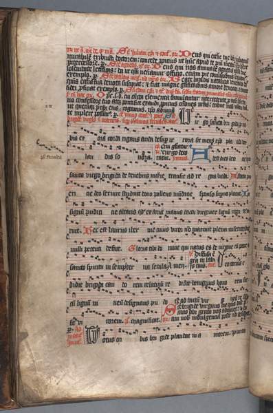 Music for the feast of St Bridget on 1 February from an enormous choir book, probably used in Kilkenny Cathedral in the fifteenth century | Irish American Mom Text on an illustrated vellum manuscript page