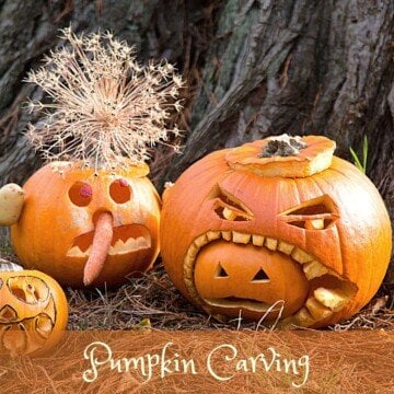 Carved pumpkins with text overlay