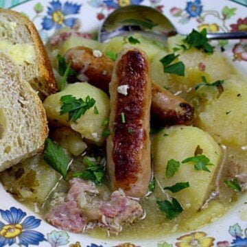 Sausages, potatoes, bacon, onions an parsley in a traditional stew from Dublin Ireland