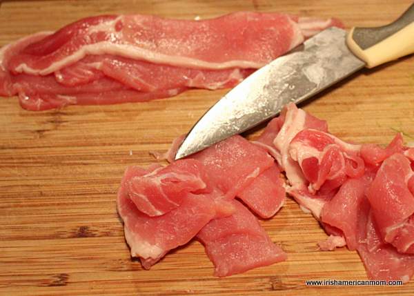 Cutting bacon or rashers for coddle | Irish American Mom Cutting rashers or bacon into one inch slices for coddle stew