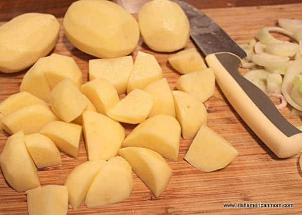 Cutting potatoes for Dublin Coddle | Irish American Mom Cubed potatoes for Dublin Coddle an Irish sausage stew