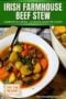 A bowl of Irish beef stew with chunks of beef, potatoes, carrots, and herbs in a rich broth, served alongside a pot of stew on a wooden board with upper green background text banner.