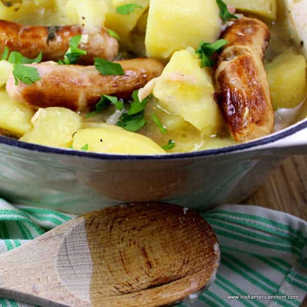 Sausage, bacon, onion and potato stew - Dublin Coddle | Irish American Mom A pot of Dublin Coddle ready for serving