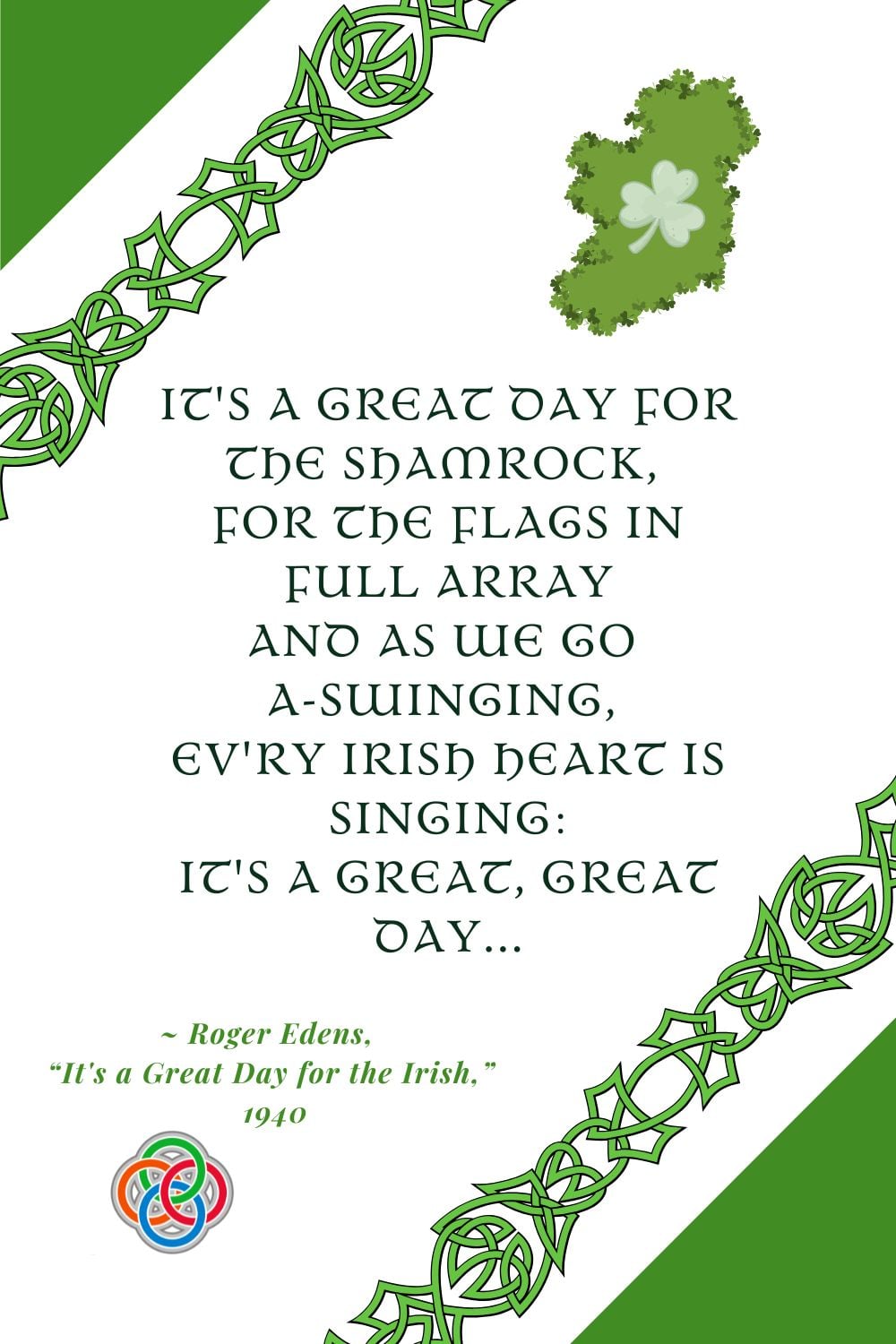 Green and white Celtic-themed graphic featuring the quote “It’s a great day for the Shamrock…” by Roger Edens (1940). The design includes decorative Celtic knot borders, a small shamrock over Ireland, and a traditional Irish-inspired font.
