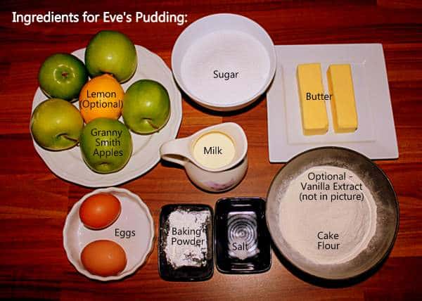Ingredients for Eve's Pudding | Irish American Mom Ingredients for Eve's Pudding include apples, lemon, sugar, butter, flour, milk, eggs, baking powder and salt.