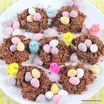 chocolate nest treats with mini eggs on a plate