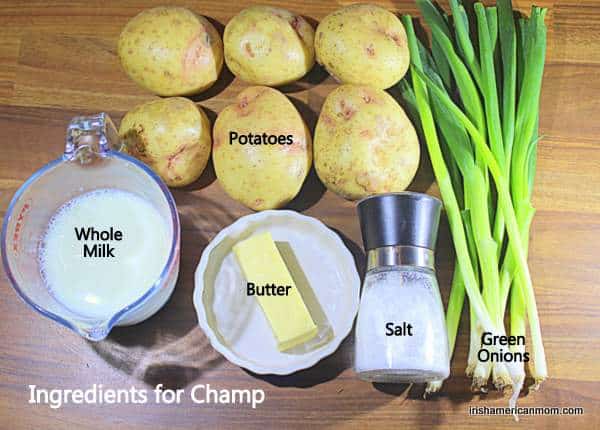 Ingredients for Irish champ | Irish American Mom Potatoes, green onions, milk, butter and salt on a table