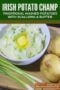 A bowl of creamy mashed potatoes with scallions and a pat of melted butter in the center, served with whole potatoes and green onions on a wooden surface with a green text banner.