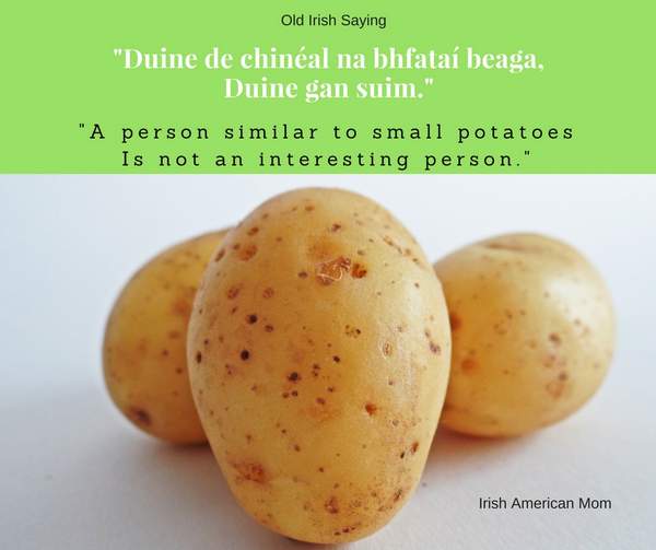 A person similar to small potatoes | Irish American Mom Three unpeeled potatoes on a graphic with text on a green border