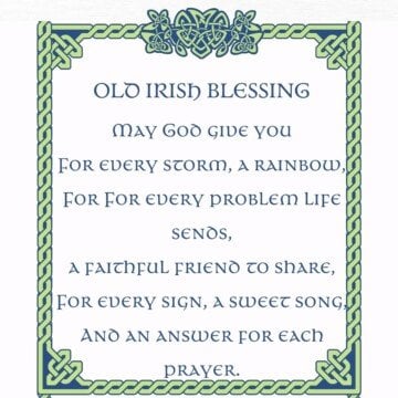 A graphic for an old Irish rainbow blessing featuring a Celtic scroll frame