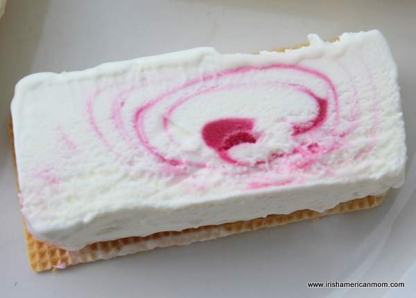 Raspberry ripple ice cream for an ice cream sandwich | Irish American Mom A slice of raspberry ripple ice cream on a wafer