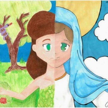 Artwork by a child featuring Holy Mary and Eve as two halves of one