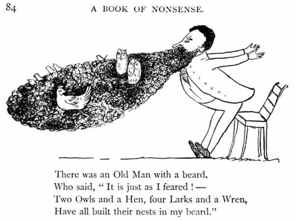 Edward Lear illustration from The Book of Nonsense | Irish American Mom a vintage black and white cartoon featuring a ban with a beard with animals living in it