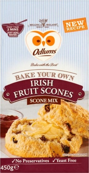 Irish Fruit Scone Baking Mix by Odlums | Irish American Mom Packet for a scone baking mix featuring freshly buttered scones with jam
