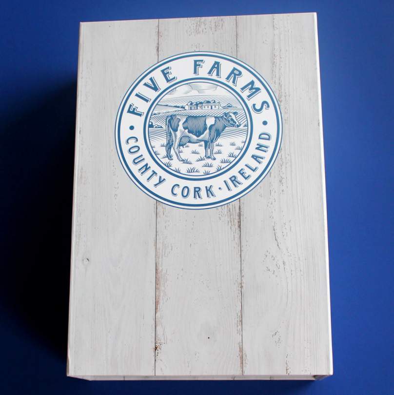Giftbox from Five Farms Irish Cream Liqueur | Irish American Mom A cardboard box with a sign