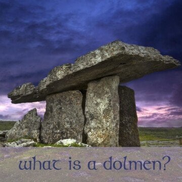 A dolmen with a purple sky as backdrop and text overlay