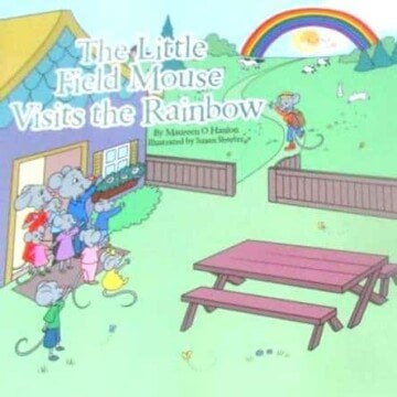 Book cover featuring a mouse family, a house, a bench and a rainbow