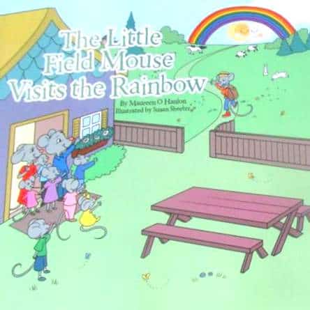 Book cover featuring a mouse family, a house, a bench and a rainbow