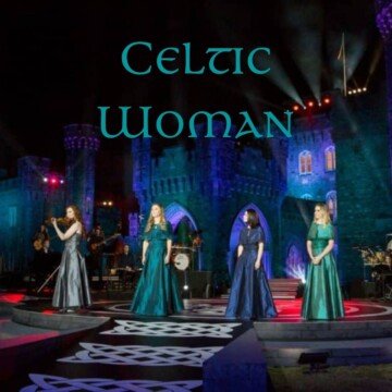 Four women in gowns on a stage with text overlay