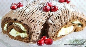 A piece of chocolate cake on a plate with cranberries