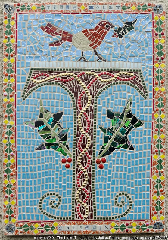 T in the Celtic Tree Alphabet is Tinner or Holly | Irish American Mom T in Celtic script or writing on a tile display