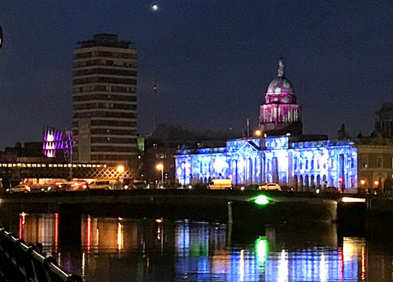 The Custom House Dublin illuminated with Christmas lights | Irish American Mom A lit up city at night
