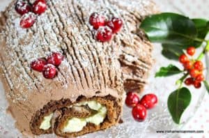 A close up of a piece of chocolate cake on a plate with cranberries and powdered sugar
