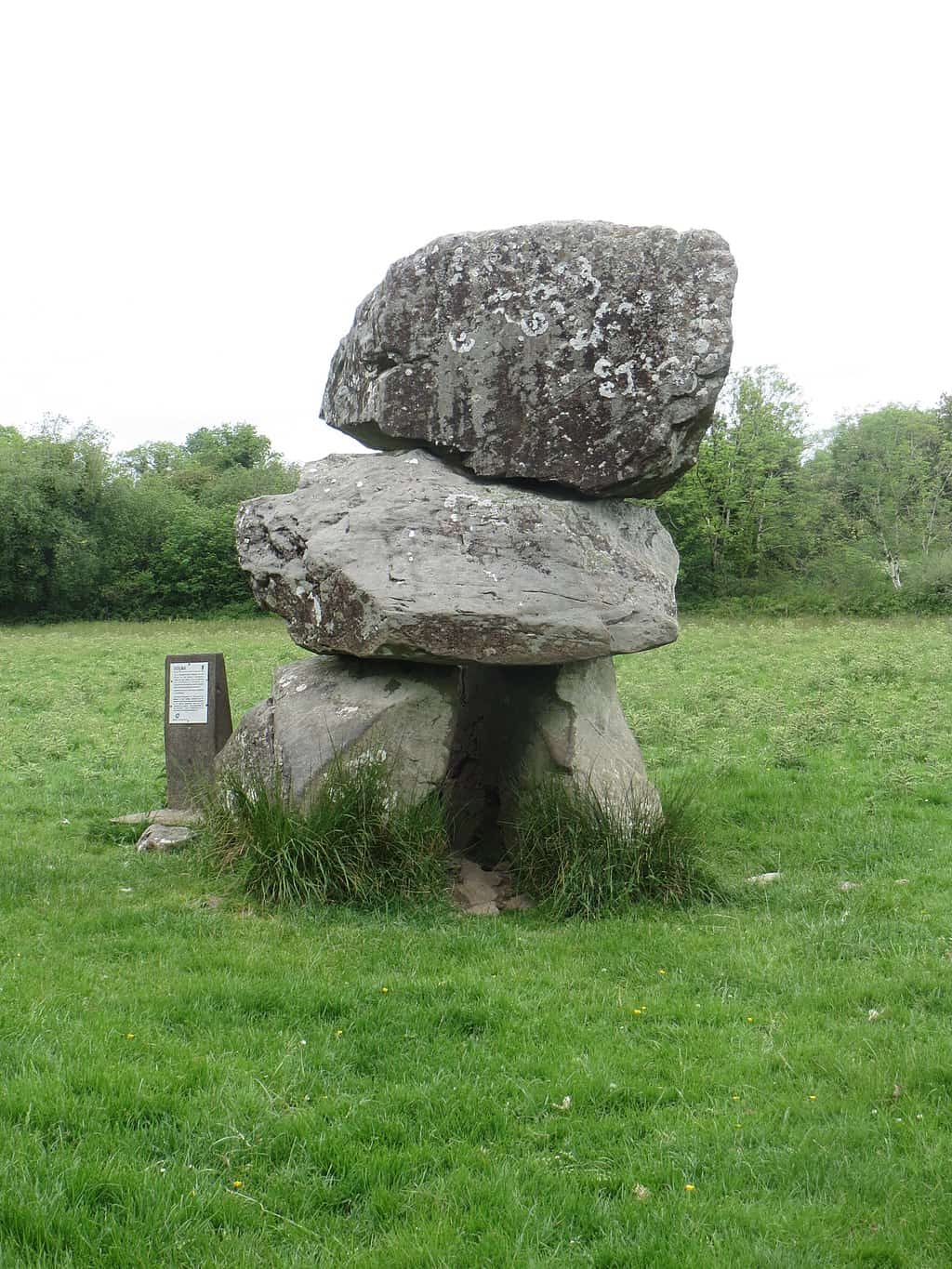 A close up of a large rock or dolmen in a field