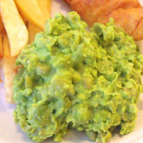 Mushy peas with cod and chips