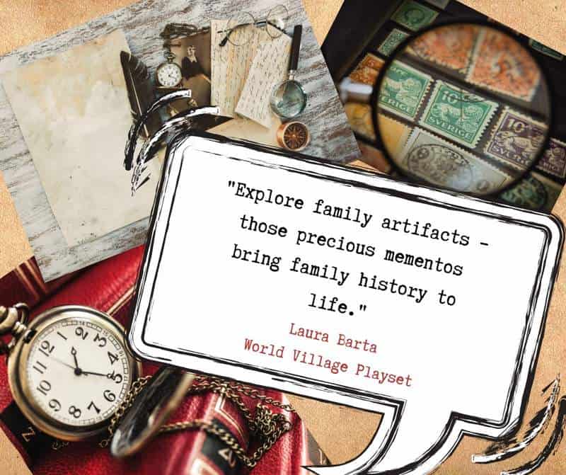 Explore family artifacts graphic featuring old books, stamps and a pocket watch