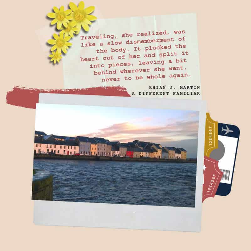 Art and Text with an image of a row of buildings beside the ocean