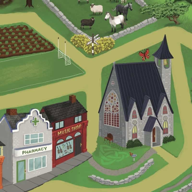 A play mat featuring a church and an playing field with a goal post
