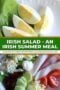 Pinterest graphic showing a traditional Irish salad with boiled eggs, lettuce, ham, cheese, tomatoes, cucumber, and coleslaw, presented as a fresh summer meal.