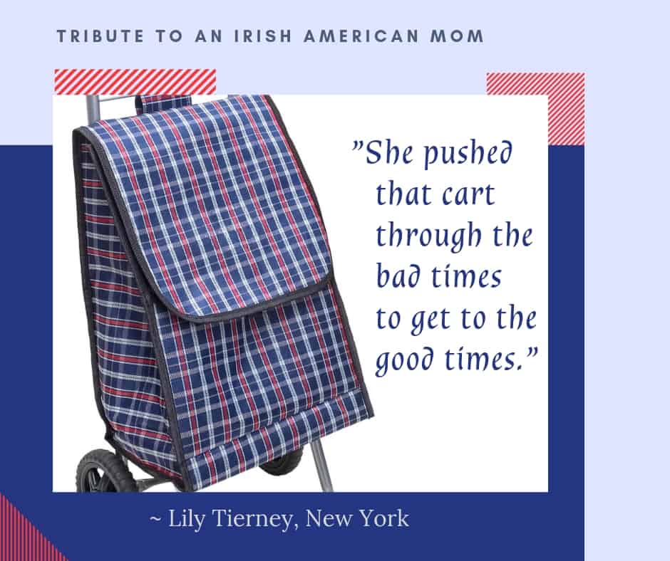 She pushed that cart through the bad times to get to the good times._ | Irish American Mom A vintage shopping cart on wheels as a tribute to an Irish American Mother