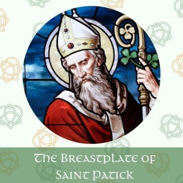 Circular image of a bishop with a crozier on a graphic with Celtic designs and a text banner