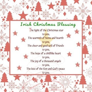 Red and white Christmas tree and snowflake border around a text box with red and green text